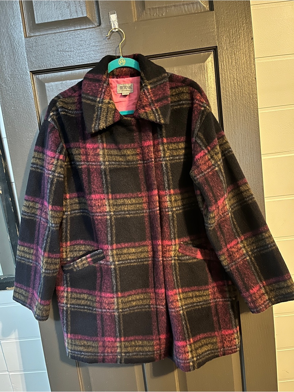 bernie mev. Black Plaid Wool-Blend Coat with Pink & Olive Stripes